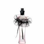 a pink bottle with black ribbon