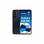 a black cell phone with a blue and white logo