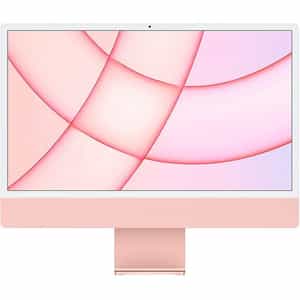 a pink computer monitor with a pink and white background