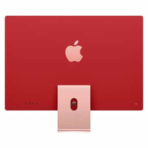 a red computer with a pink stand