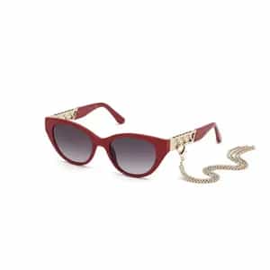 a red sunglasses with a chain
