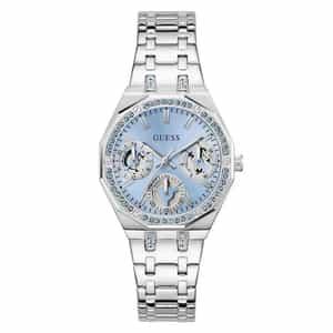Montre Guess Quinn argentée pour femme, cadran bleu et lunette ornée de cristaux.