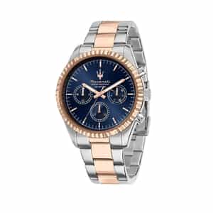 Montre Maserati R8853100040 homme 43 mm bicolore acier argent et rose doré, cadran bleu multifonction 3 compteurs – étanche 100 m