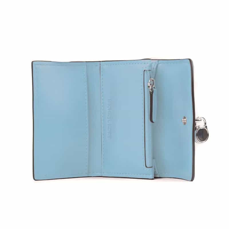 Intérieur portefeuille Michael Kors Lyra bleu ciel, compartiments cartes et poche zippée