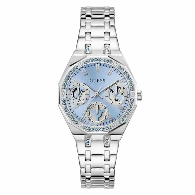 Montre Guess Quinn argentée pour femme, cadran bleu et lunette ornée de cristaux.