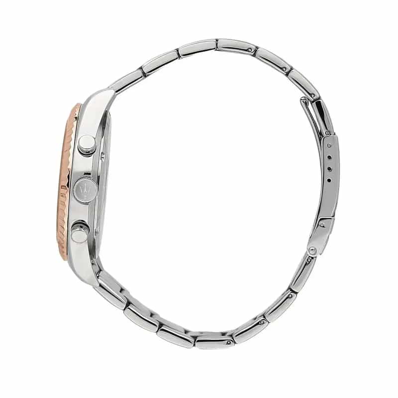 montre-maserati-r8853100040-43mm-profil-bicolore Montre Maserati R8853100040 vue de profil – boîtier 43 mm, poussoirs et bracelet acier bicolore
