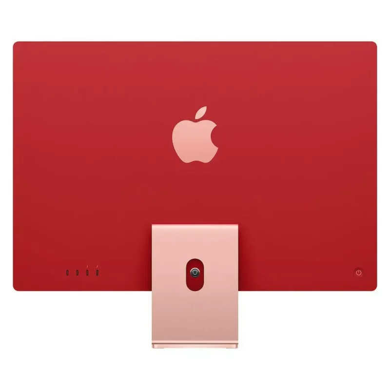 a red computer with a pink stand