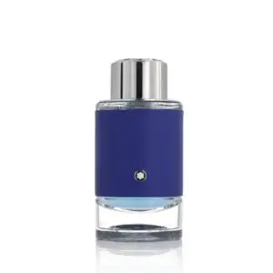 a bottle of perfume with a blue lid