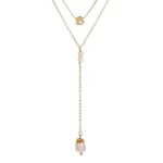 a necklace with pearls and a square object