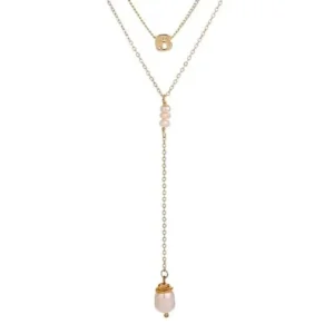 a necklace with pearls and a square object