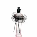 a pink bottle with black ribbon