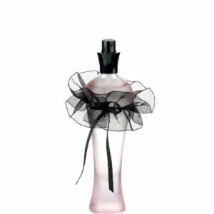 a pink bottle with black ribbon
