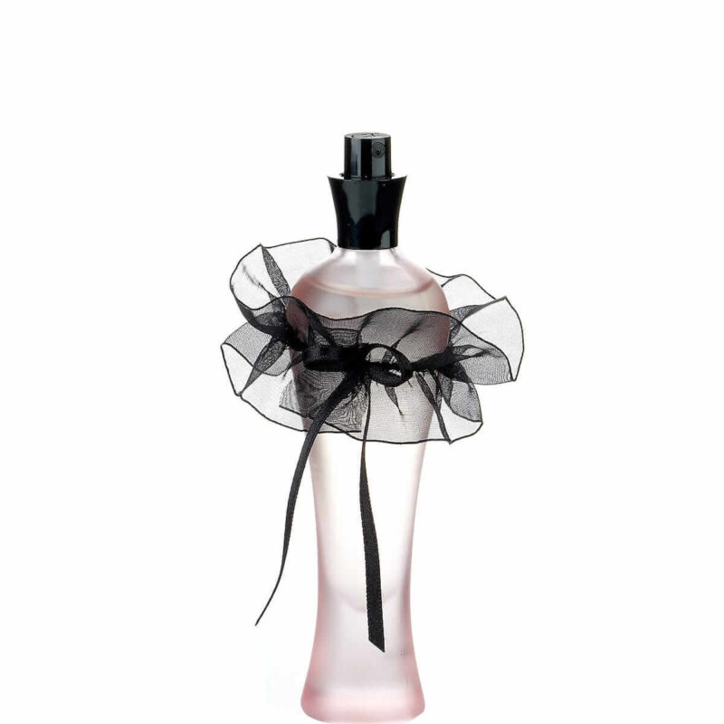 a pink bottle with black ribbon