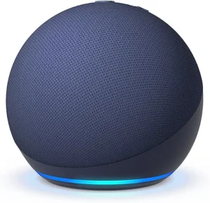 a round blue speaker with a blue light