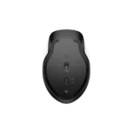 a black computer mouse with a green light