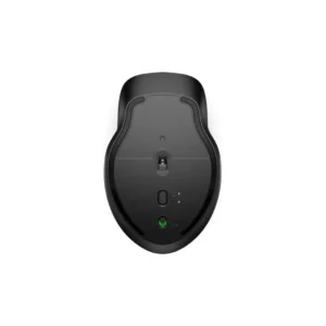 a black computer mouse with a green light