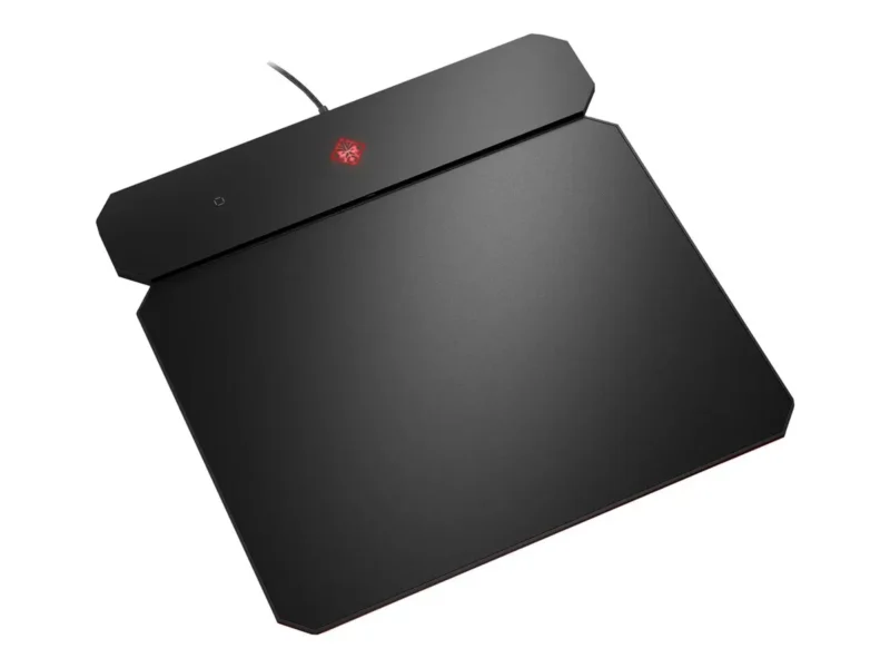 a black rectangular object with a red logo on it