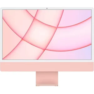 a pink computer monitor with a pink and white background