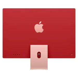 a red computer with a pink stand