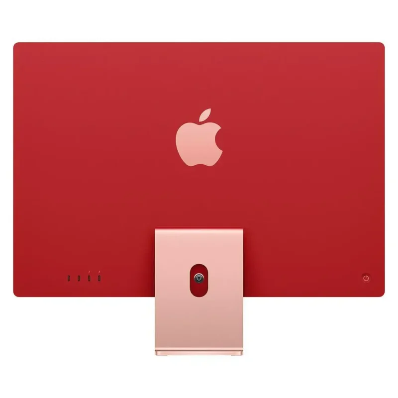 a red computer with a pink stand