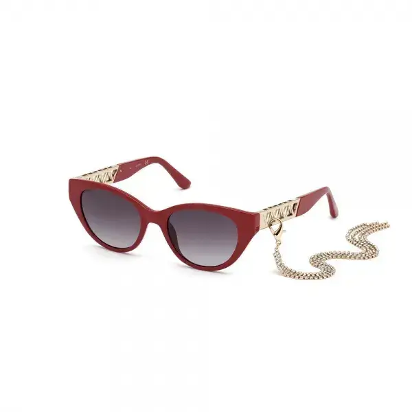 lunettes-de-soleil-femme-guess-rouge (1) a red sunglasses with a chain