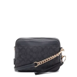 a black bag with a gold chain