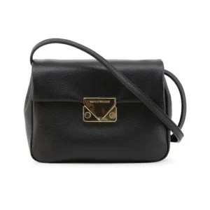 a black leather bag with a gold buckle