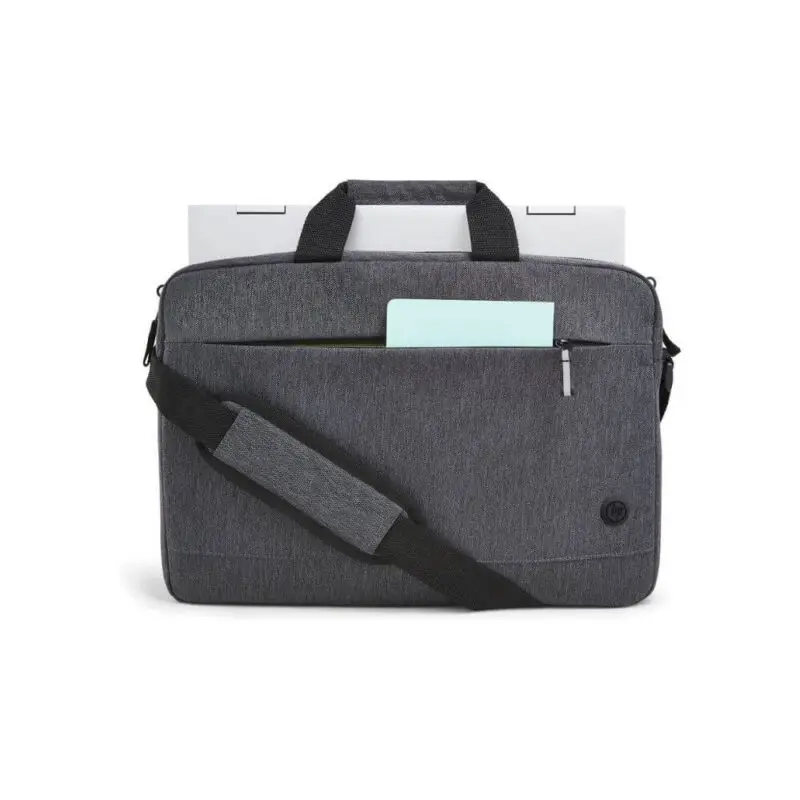 a grey bag with a paper in it