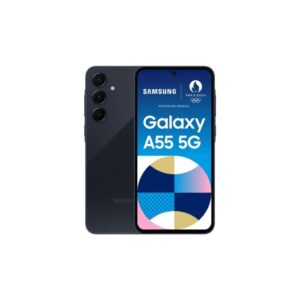 a black cell phone with a blue and white logo