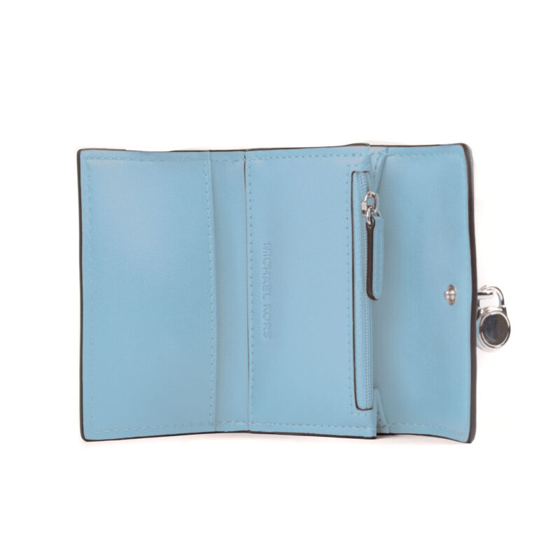 Intérieur portefeuille Michael Kors Lyra bleu ciel, compartiments cartes et poche zippée