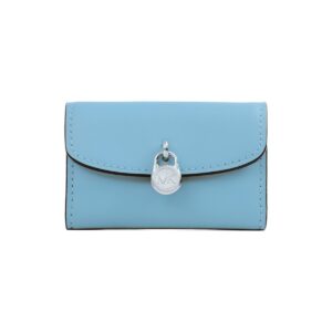 Portefeuille femme Michael Kors Lyra bleu ciel, vue de face, fermoir logo MK