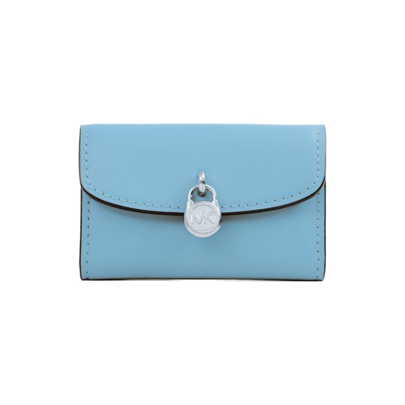 Michael Kors Lyra portefeuille femme – vue de face Portefeuille femme Michael Kors Lyra bleu ciel, vue de face, fermoir logo MK