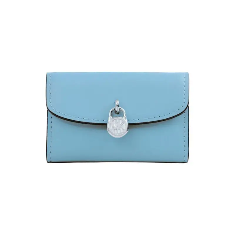 Portefeuille femme Michael Kors Lyra bleu ciel, vue de face, fermoir logo MK
