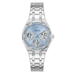 Montre Guess Quinn argentée pour femme, cadran bleu et lunette ornée de cristaux.