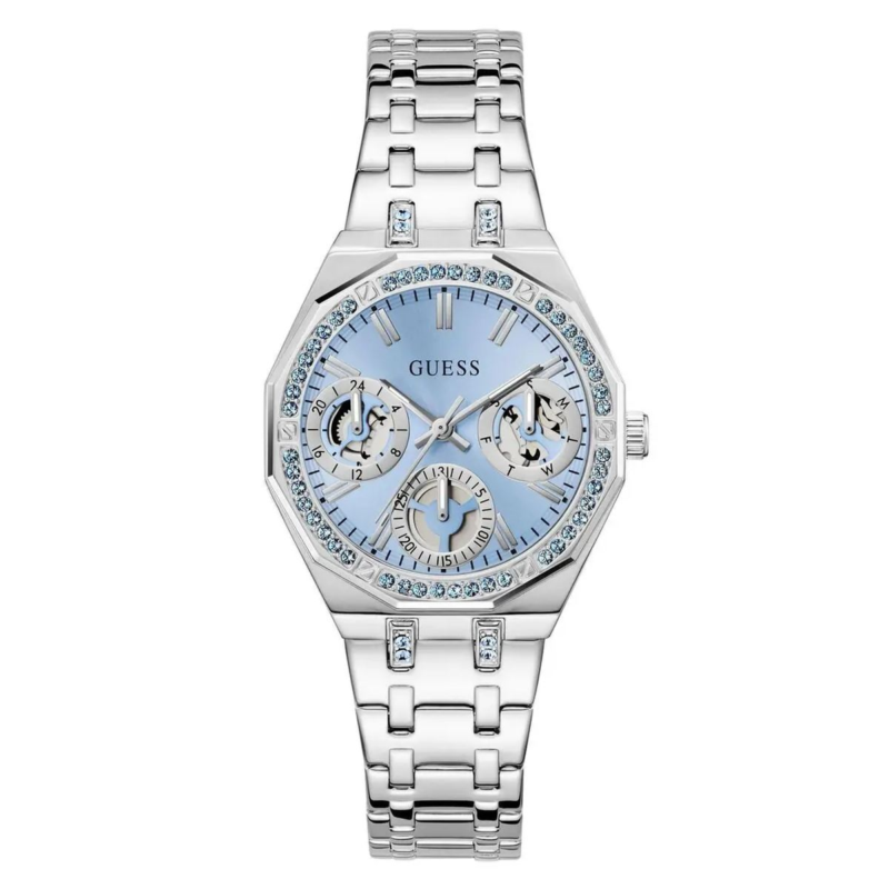 montre-guess-quinn-argentee-face Montre Guess Quinn argentée pour femme, cadran bleu et lunette ornée de cristaux.