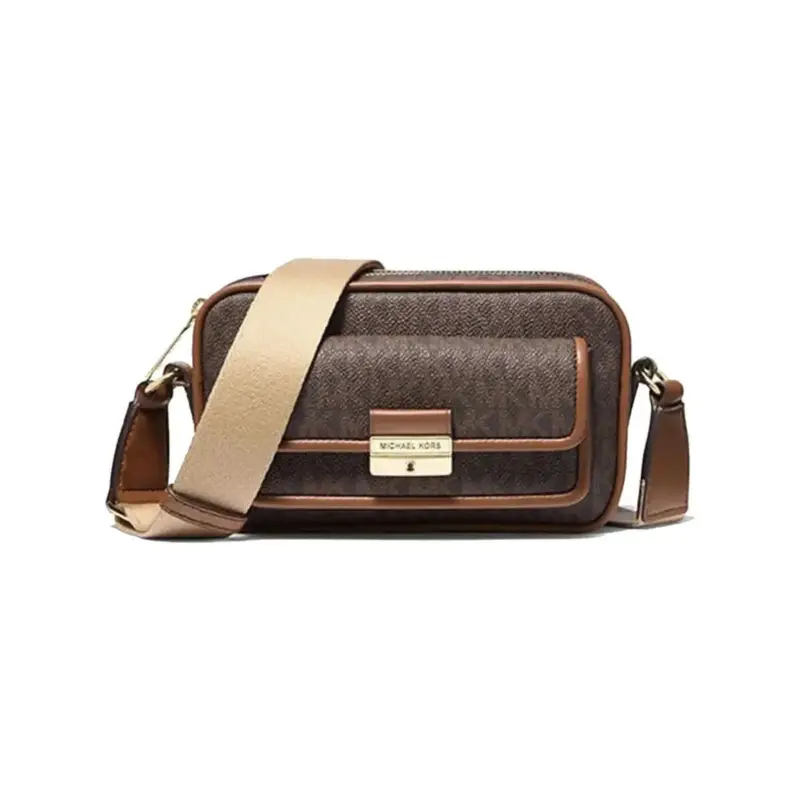 Sac bandoulière Michael Kors Bradshaw marron, vue de face, format 20×12×5 cm