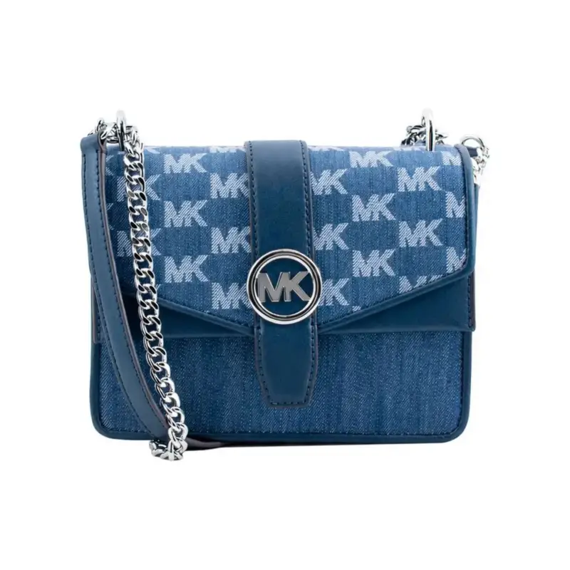 Sac Michael Kors Greenwich bleu vue de face, logo MK, rabat et bandoulière chaîne, format 21×15×8 cm