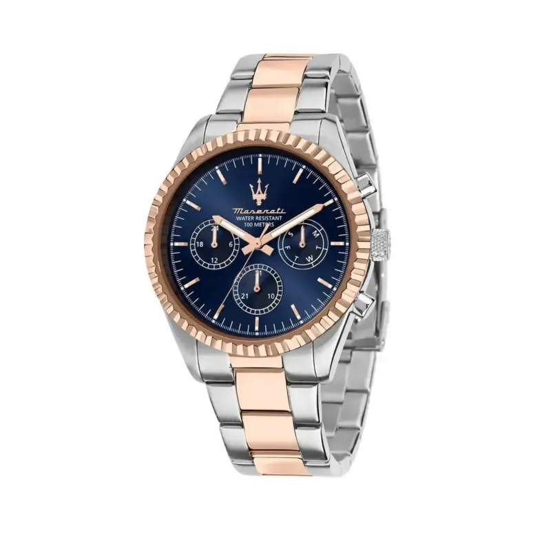 montre-maserati-r8853100040-43mm-cadran-bleu-bicolore Montre Maserati R8853100040 homme 43 mm bicolore acier argent et rose doré, cadran bleu multifonction 3 compteurs – étanche 100 m