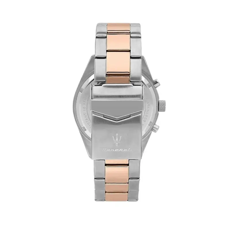 Montre Maserati R8853100040 dos et fermoir – bracelet acier bicolore argent rose doré, montre homme 43 mm