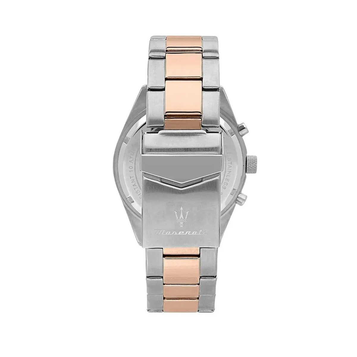 Montre Maserati R8853100040 dos et fermoir – bracelet acier bicolore argent rose doré, montre homme 43 mm
