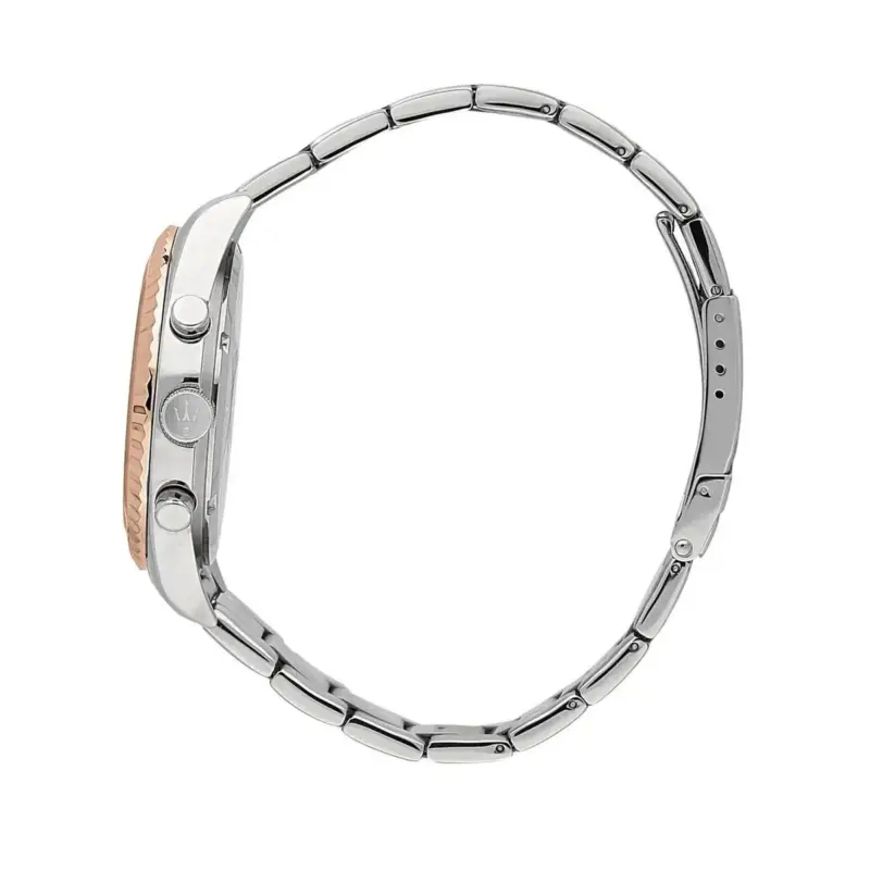 Montre Maserati R8853100040 vue de profil – boîtier 43 mm, poussoirs et bracelet acier bicolore