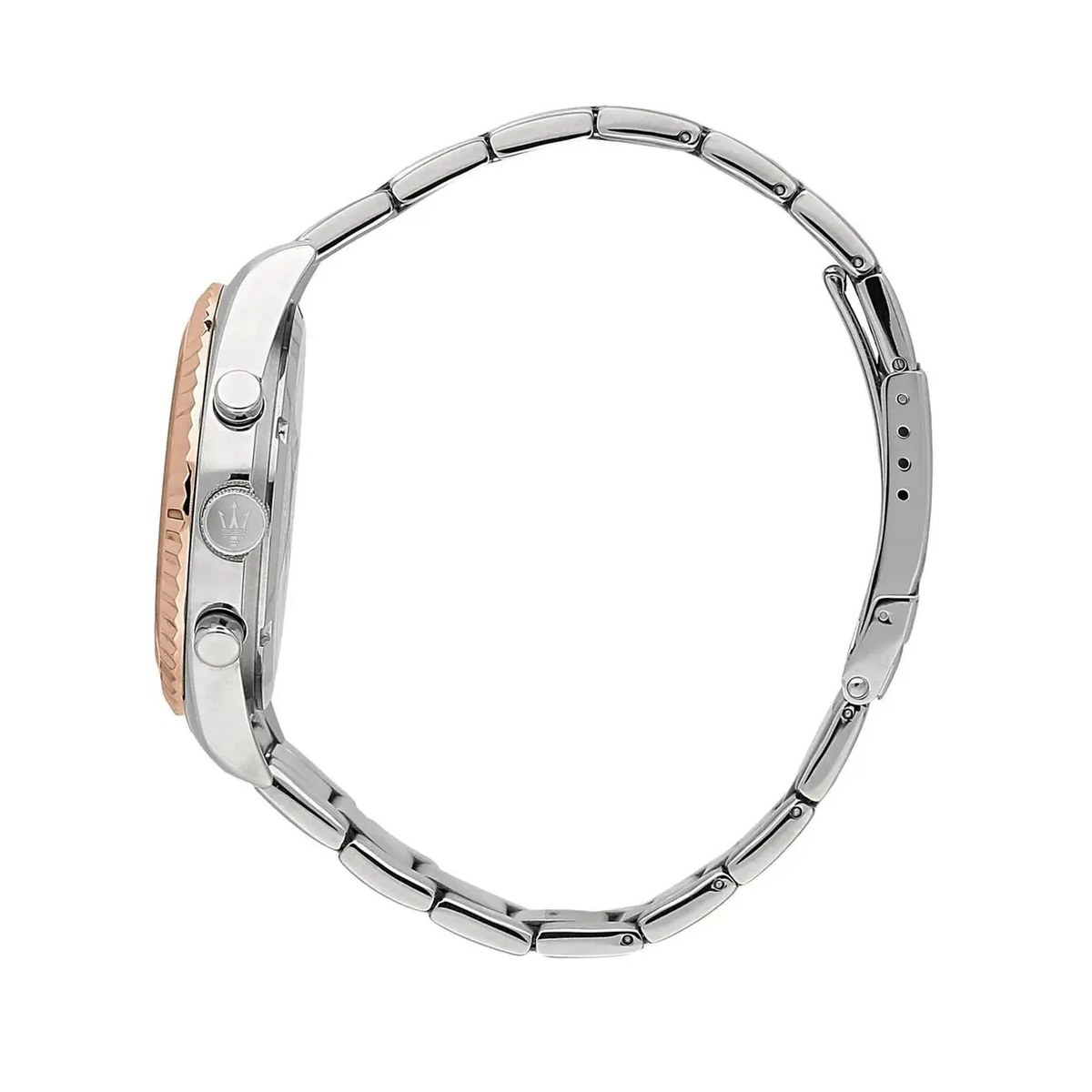 Montre Maserati R8853100040 vue de profil – boîtier 43 mm, poussoirs et bracelet acier bicolore