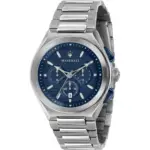 Montre Maserati R8873639001 homme 43 mm acier, cadran bleu chronographe 3 compteurs avec date