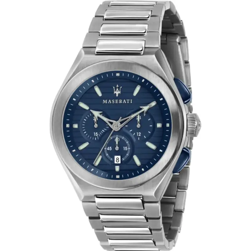 Montre Maserati R8873639001 homme 43 mm acier, cadran bleu chronographe 3 compteurs avec date