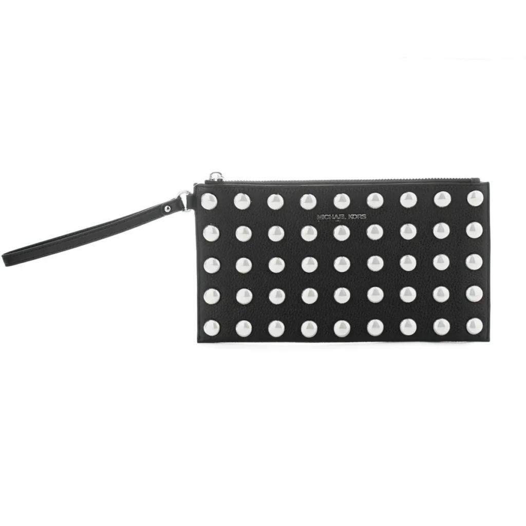 Pochette Michael Kors 35S5STVW3I Black face cloutée avec dragonne, cuir grainé noir et fermeture zippée