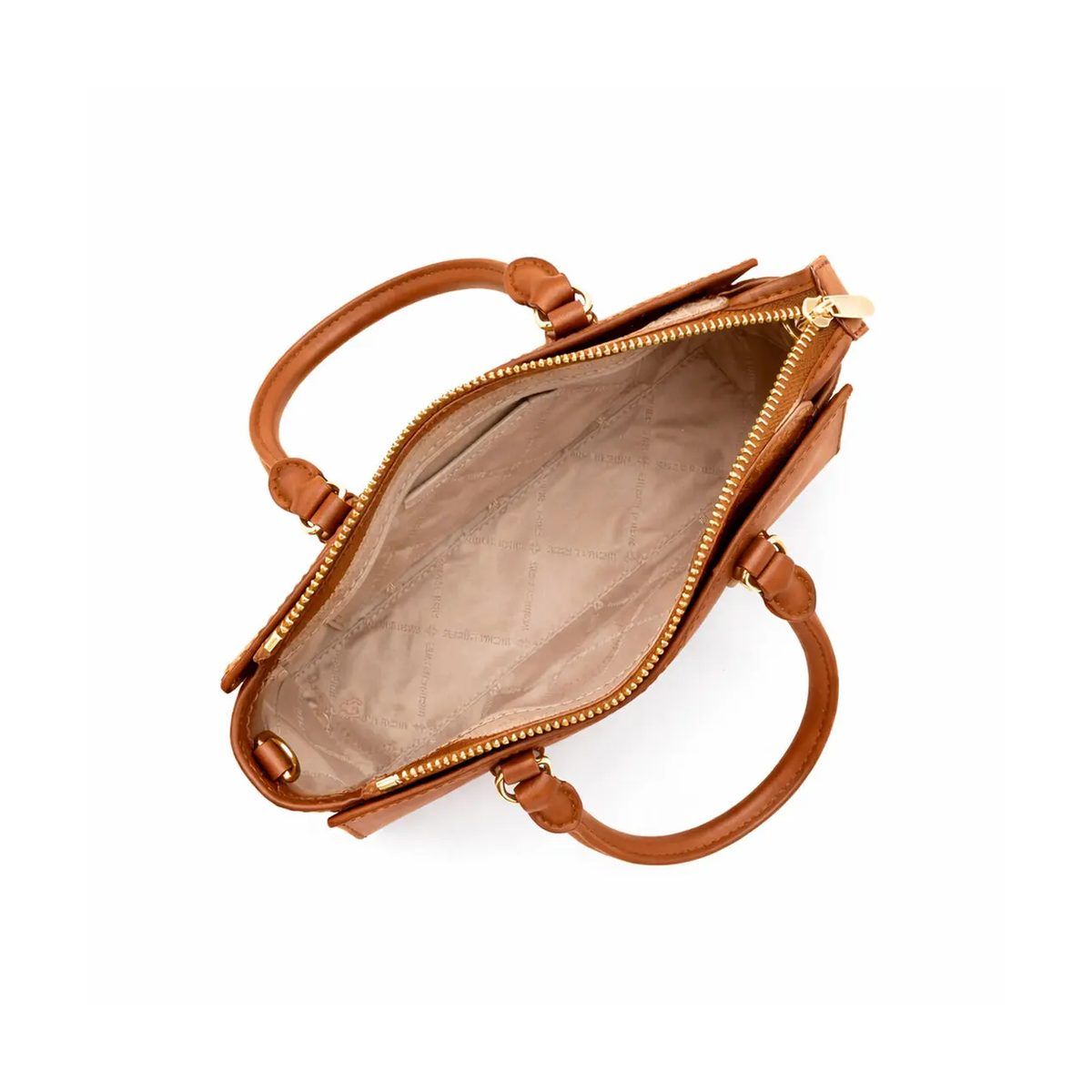 Intérieur sac à main Michael Kors Arden, ouverture zippée et doublure signature, compartiment principal spacieux