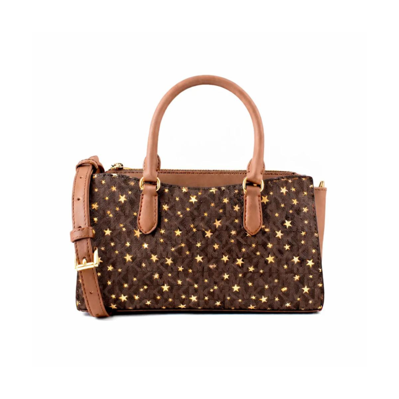 Sac à main Michael Kors Arden vue face, motif étoiles dorées sur monogramme, anses et bandoulière réglable