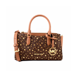 Sac Michael Kors Arden motif étoiles dorées avec pendentif logo MK, finitions dorées et anses camel