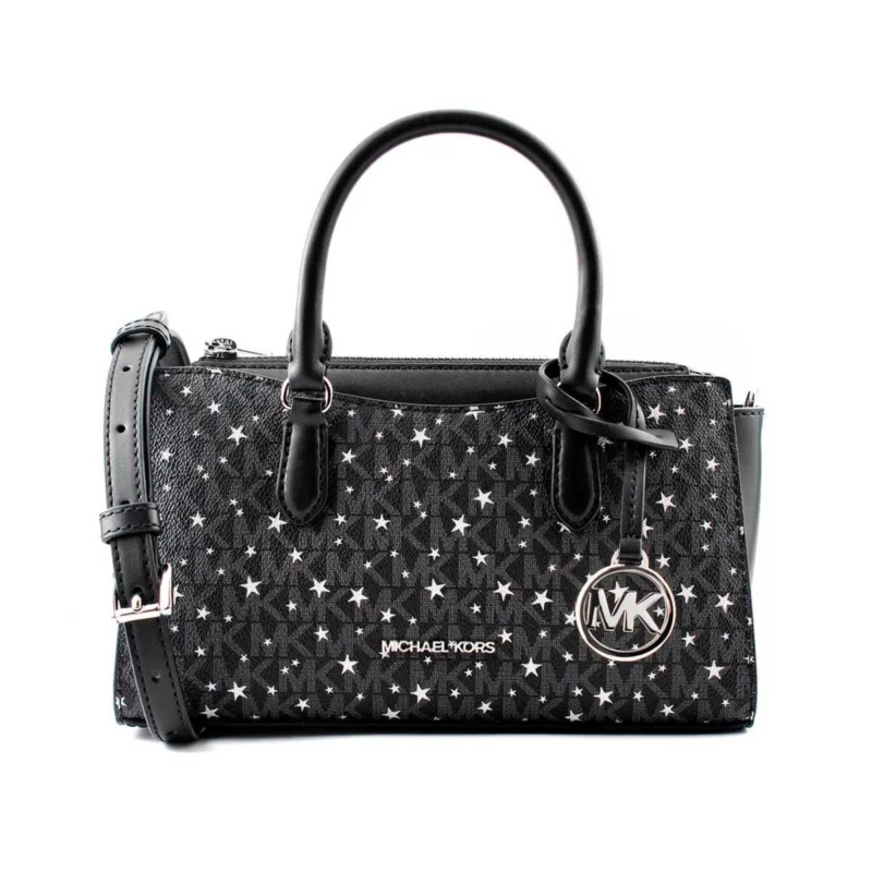 Sac à main Michael Kors Arden étoiles noir/gris – vue avant avec bandoulière réglable et charm MK